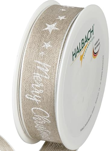 Halbach Weihnachts-Geschenkband aus Leinen, 25 mm x 15 m, natur/weiß | Schleifenband Druckband mit formbare Drahtkanten, Made in Germany, für Geschenke und den Christbaum