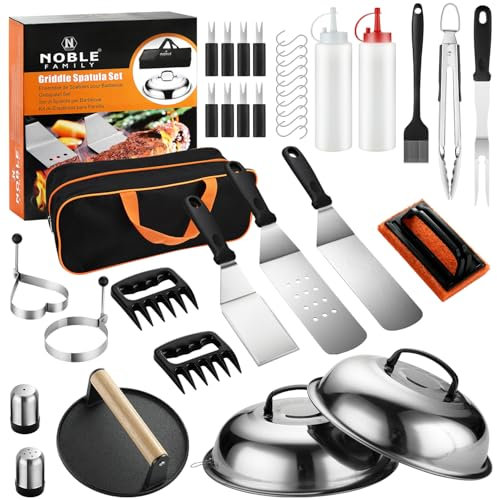 N NOBLE FAMILY 38PCS Kit di Accessori Barbecue, Professionali per Set Spatola Barbecue all'aperto, Spatola per Barbecue per Piastra in Acciaio Inossidabile con Pinze, Pressa per Hamburger, Borsa