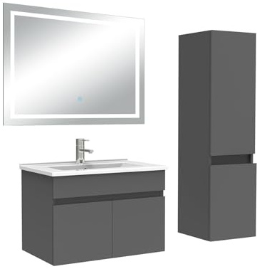 AICA Ensemble Meuble Salle de Bain 60cm Simple Vasque avec Colonne + Miroir 3 Couleurs Anthracite