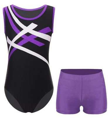 RUNQHUI Kinder Jungen Turnanzug 2tlg Ärmellos Farbblock Tanztrikot + Shorts Tanz Kleidung Anzug Ballettanzug Eiskunstlaufen Sportswear Violett 134-140