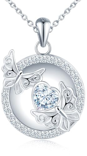 MicLee Collier Photo Médaillon en Argent 925 Femme Fille Pendentif Locket de Papillon avec Cœur Zirconia Breloque Squelette Ouvrable Ronde Collier Amulette Mémorial Bijoux Elégant