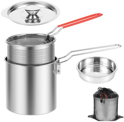 Mini Friteuse en 304 Acier Inoxydable avec Couvercle et Passoire, Friteuse 1 Personne avec Panier et Poignée Amovible, Petite Friteuses à Economie Japonais pour Frites, Poisson, Aile de Poulet(1)