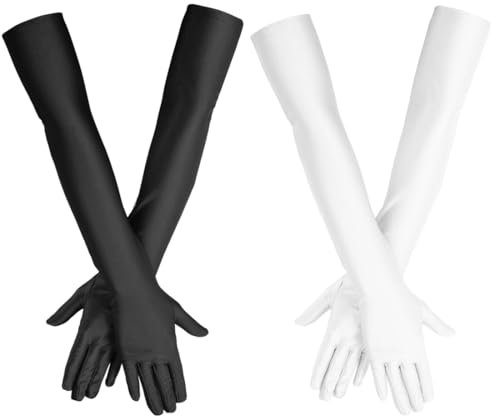 IKOPFLN Handschuhe Lang, 2 Paar Handschuhe Elegant Damen, Satin Classic Abendhandschuhe, handschuhe damen, weiße handschuhe damen, Handschuhe schwarz, 1920er Handschuhe für Classic Opera Party