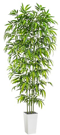 FSOHOI Artificial Bamboo Tree, 7FT Fake Plants Faux Bamboo Plant with White Tall Planter, Artificial Trees Faux Silk Plant with 3 Trunks & Green Lush Leaves for Home Office Indoor Outdoor Decor