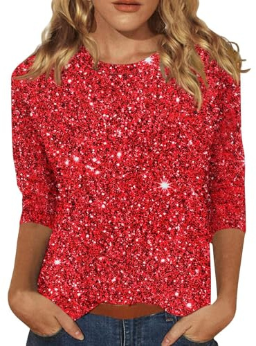 Haut imprimé à paillettes pour femme – Sweat-shirt habillé décontracté à paillettes – Sweat-shirt à col rond à manches 3/4 – Chemises de soirée graphiques scintillantes, Rouge, S