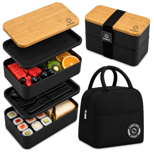 zaraf Bento Lunch Box 2 Couches Boite Repas Compartiment 1200 ml Lunchbox Hermétique avec Couverts Kit et Sac Isotherme Repas Boite Bento pour Adultes Enfants Pique-Niques (1200, Millilitres)