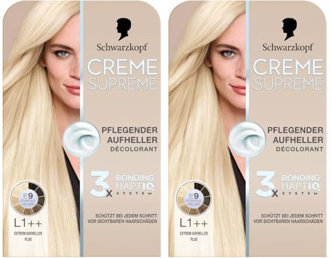 Schwarzkopf Creme Supreme L1++ Extrem Aufheller Plus (2x 182 ml), pflegender Aufheller mit Serum und Haar-Maske schützt vor sichtbaren Haarschäden, mit Anti-Gelbstich Effekt