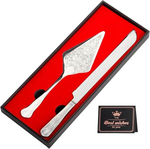 HECHOBO Wedding Cake Knife and Server Set, Stainless Steel Cake Cutting Set with Engraved Plating Pattern, Elegant Design, Perfect for Engagement, Anniversary, Birthday, Party, Prom
