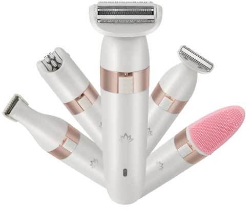 Rasierer Damen, 5 in1 Kabellos Damen Gesichtshaarentferner mit USB-Ladung, IPX4 Nass & Trocken Elektrisch Trimmer für Beine Arme Achseln Bikinizone Gesicht