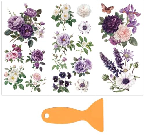 OLYCRAFT 3 st/set lila blomma gnuggning på överföringar för möbler och hantverk 15 x 30 cm blommor fjäril möbeldekal överföra klistermärken gnugga på dekal med 1 st skrapa för klippbok fönster
