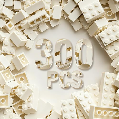 300 Piece White Building Bricks, 6 Size Classic Mixed Building Block Set, Compatible with Lego and Major Brands, Suitable for Boys and Girls Over 6 Years Old (White)
