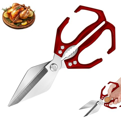 Multifunctional Heavy Duty Kitchen Shears 2 in 1 Scissors Tool with Walnut Cracker All Purpose Ergonomic Handle Stainless Steel Heavy-Duty Cooking Shears for Food Poultry Meat Fish Cutting (Red)