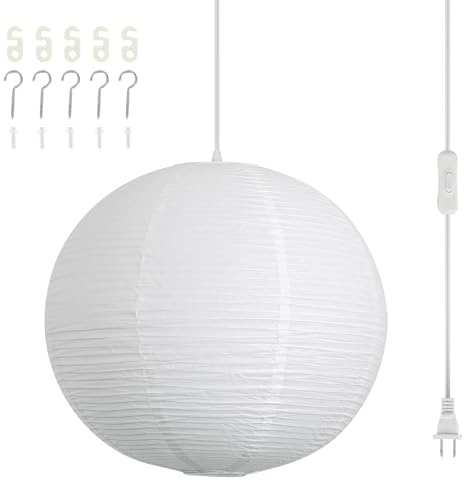 Fivemengo Paper Lantern Lamp Plug in Hanging Lamp, 20in White Rice Paper Pendant Light with 19.7FT Cord Large Globe Japanese Japandi Wabi Sabi Chandelier for Dining Living Room Bedroom Office 1 Pack