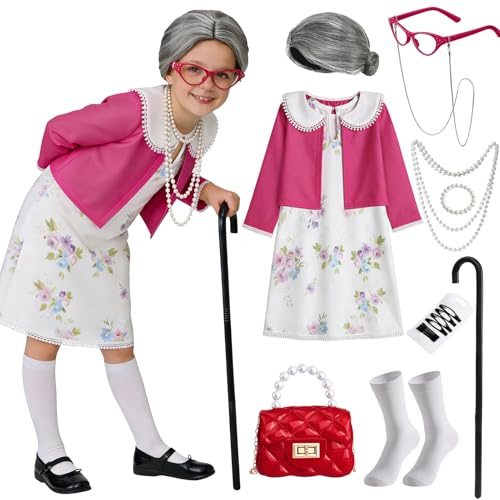 Mishopy Deguisement Grand Mere Enfant Fille avec Perruque Robe Grand Mere Cardigan Sac à Main Lunettes Collier Perle Bracelet Perle Béquille Costume Carnaval Enfant File Cosplay Vieille Dame
