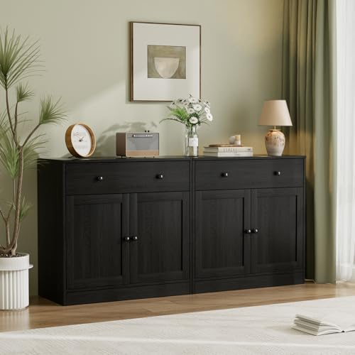 VOWNER Sideboard mit Schubladen, Kommode mit 2 Türen, Küchenschrank mit Arbeitsplatte, Buffetschrank, TV Board, Aufbewahrungsschrank für Wohnzimmer Schlafzimmer, 40 x 80 x 80 cm (Schwarz, 2pcs)