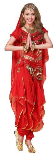 Baisdan Conjunto de 4 piezas para disfraz de danza del vientre con lentejuelas, pantalones harén, bufanda de cadera, bufanda, bufanda, disfraz profesional, color rojo