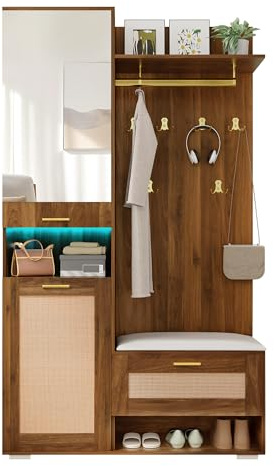 Set De Recibidor Con MDF y Tablero De Partículas, Armario Con Espejo y Iluminación LED 16 Colores, Mueble Zapatero Con Banco y Ganchos Dorados, Para Recibidor y Pasillo, Nogal y Blanco, 110x38x190 cm