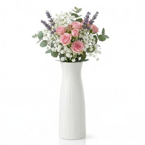 Unbreakable Vase for Flowers, Ceramic-Look Plastic Decorative Vase, Minimalist Style for Home Decor, Living Room, Table(Seashell White)