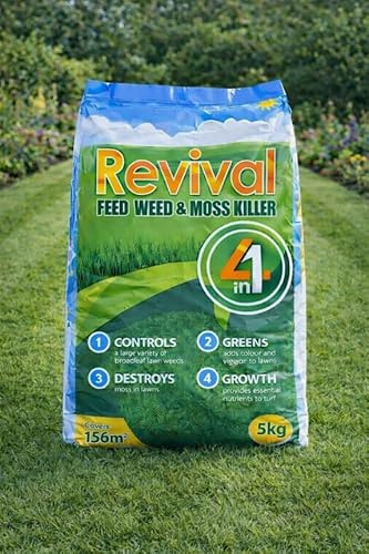 REVIVAL WEED FEED & MOSS KILLER 5KG COVERS 156M2-4 IN 1 WEED & FEED FOR LAWNS