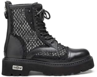 Cult Stivali Combat Donna con Borchie, Nero, Pelle Sintetica, Suola Carrarmato, Chiusura con Lacci e Cerniera Laterale, Taglia 38, Stile Rock Militare