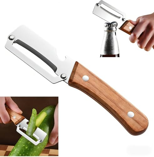 Pelapatate Multifunzione per La Cucina, 2026 Nuovo Pelapatate Ultra Affilate in Acciaio Inox Con Manico in Legno e Apribottiglie Integrato, Carote e Ogni Tipo di Verdura e Frutta (1Pcs)