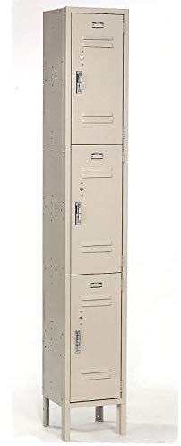 Global Industrial Paramount 3-Tier 3 Door Locker with Padlock Hasp & Built-in Lock Latch, Steel, 12 W x 15 D x 78 H, Tan Powder Coat, Assembly Required