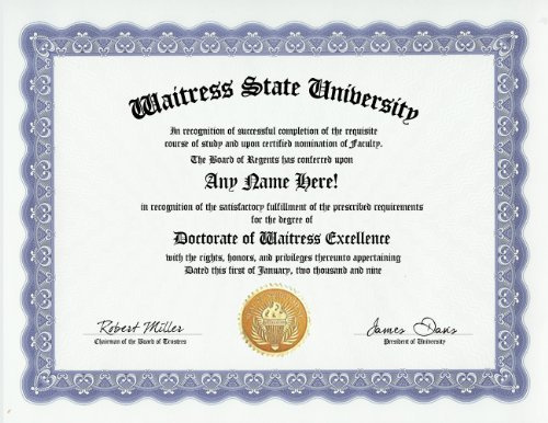 Waitress Degree: Custom Gag Diploma Doctorate Certificate (Funny Customized Joke Gift - Novelty Item)