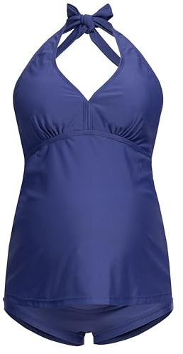 Herzmutter Neckholder - Halterneck Tankini för Moderskap - Tvådelad Baddräkt För Gravida Kvinnor - Moderskap Badkläder Set - Överbyxor - Trendiga mönster - UV 50-skydd - 7100 (XL, Blå)