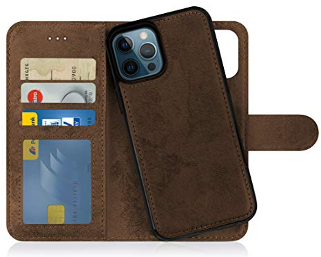MyGadget Flip-fodral för iPhone 12 Pro Max - [avtagbart magnetfodral] - mobilfodral av konstläder - [flipfodral med kortplats] skyddsfodral i brunt