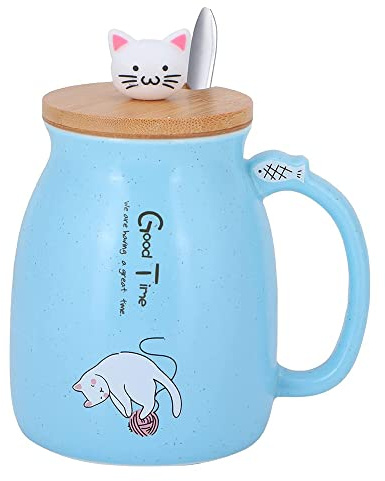 HwaGui Tazza da Gatto Tazza da Latte in ceramica Set di Tazze da Tè con Cucchiaio e Coperchio Regalo per gli Amanti dei Gatti 420 ml (Blu)
