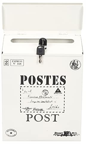 Happyyami White Wall Wall Mounted Mailbox Iron Vintage Lockable Letterbox Ballot Box Suggestion Box for Garden Letters Newspaper Mailbox