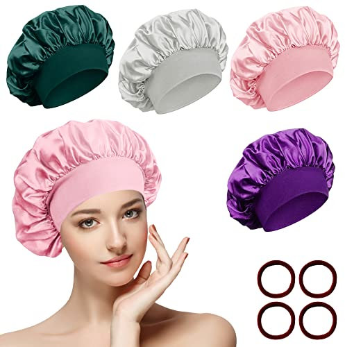 4 Stück Seidenhaube zum Schlafen Schlafhaube Atmungsaktive Satin Haarhaube mit Haargummis, Verstellbare Schlafhaube Seide Kopfbedeckung für Lockiges Haar, Sleep Cap Satin Bonnet für Damen