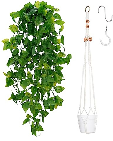 BLEUM CADE 1pcs Fake Hanging Plants Kit with Pot and Plant Hanger, Artificial Pothos Vines Hanging Potted Plant Greenery for Home Living Room Indoor Outdoor Decor