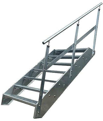 Kaminbau Mierzwa Premium Stahl Treppe Geländer Rechts Verzinkt 7 Stufen (Breite 600 mm) (Höhe 133 cm) Wetterfest Gitterroststufe Gartentreppe