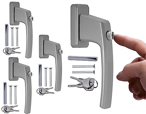 Stahlia Abschließbare Fenstergriffe Aluminium (4 Stück) Silber ergonomisch Druckknöpfe Balkontürgriff Fenstersicherung Fensterbeschläge Fensterschloss
