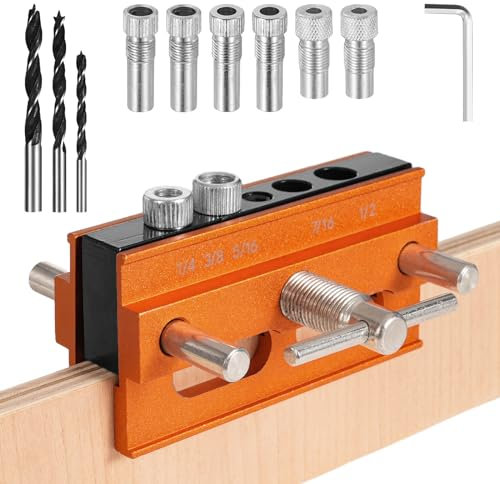 Self Centering Doweling Jig Kit,Jig Drill Guide Bushings Set,Dowel Jigs Woodworking Tools,Holes Biscuit Joiner Set with 6 Bushings,Adjustable Width Drilling Guide Power Tool Accessory Jigs (Orange)