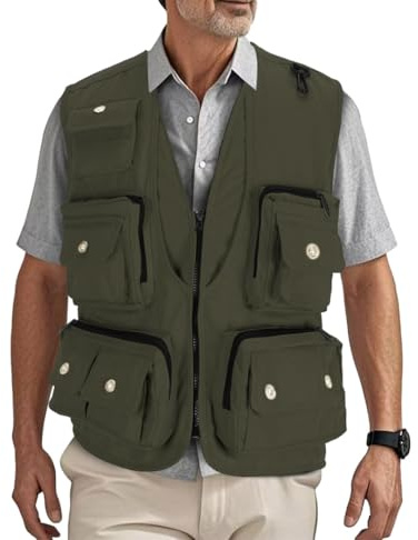 HZQIFEI Homme Multi-Poches Gilet de Pêche Gilet de Plein air Veste sans Manches pour Veste de Sport Gilet Journaliste MJ15 (Vert Armée, XL)