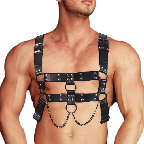 WENTPOL Herren Punk Body Brust Harness Männer Leder Geschirr mit Kette,Gothic Herren Kleidung Bandage Kostüme Herren Sexy Sklave Clubwear,BDSM Fesseln Sexspielzeug für Paare Extrem Sex