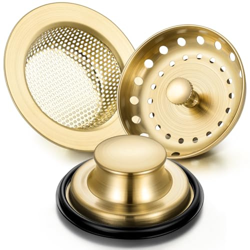 Mudder Abflusssieb und Stopper für Küchenspüle, Edelstahl, Müllentsorgungsstopfen mit Griff, universal, Anti-Verstopfung, Küchenspüle, Filtersieb, Siebkorb-Sieb (gebürstetes Gold), 3 Stück