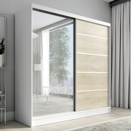 A&J MöbelLand Schwebetürenschrank Nero Kleiderschrank 2-türig mit Schubladen und Spiegel, Garderobe 200 cm (Weiß/Sonoma)