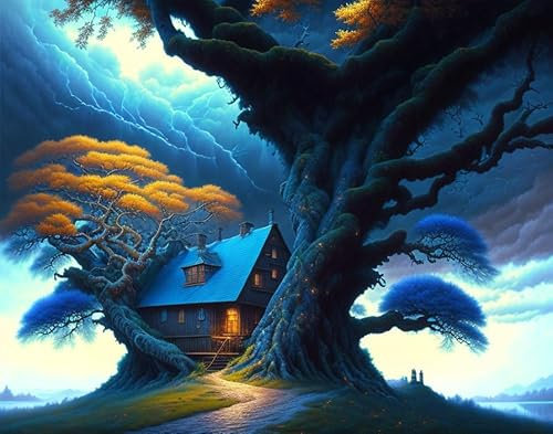 SERENDIPITP poster su tela arte da parete senza cornice immagini 58x90cmLa capanna tra gli alberi nella tempesta