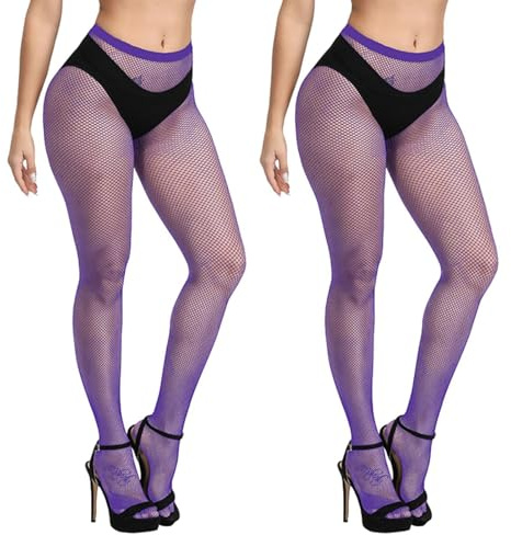 NebulaGlam Medias de Red de Pesca, Medias Rejilla Mujer, Medias de Malla de Cintura Alta, Medias Malla Pantimedias Elástico, Medias Mujer Sexy Malla para ​Mujeres Fishnet Tights, Púrpura