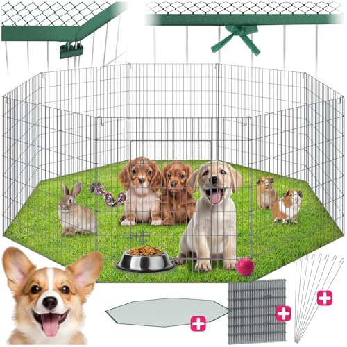 tectake® Freilaufgehege mit Sicherheitsnetz, Ø 204 cm, Welpenauslauf, Kleintierstall mit 8 Gitter, Kleintiergehege für Innen und Außen, Tierlaufstall mit Tür, Ideal für Kaninchen und Meerschweinchen