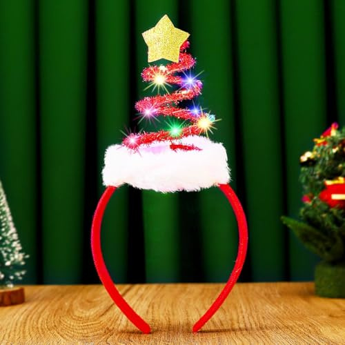 Handcess Leuchtendes Weihnachts Stirnband Weihnachtsglocke LED Haarband leuchtender Stern Weihnachtsbaum Haarreif leuchtende Xmas Haarschmuck für Frauen (Rot, Einheitsgröße)