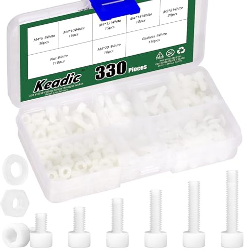 Keadic 330Pcs M4 Nylon Hex Bolzen, Hexagon Sockel Head Cap Schraube Nylon Kunststoff Pan Runde Kopf Schrauben und Muttern, Hex Bolzen Mutter Washer Kit für Industrie, Weiß