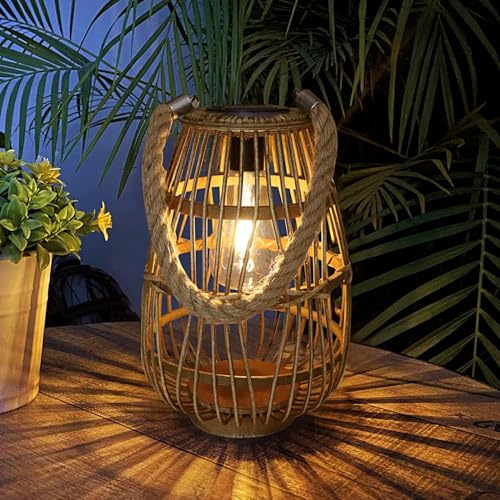 Solarleuchten Außen Hängend Rattan Solarlampen Laterne Wasserdicht | Solarenergie Aufladung, 10 Stunden Leuchtdauer, Garten im böhmischen Stil, Terrasse, Balkon, Garten Außendekoration