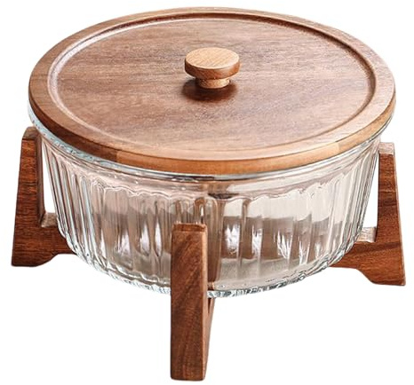 Mafagwre Bol À Salade en Verre avec Support en Bois, Grand Saladier avec Couvercle, Design De Grande Capacité, Bol De Service À Fruits en Verre pour Fruits, Desserts, Céréales (with Cover)