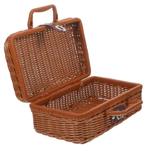 HEMOTON Caja De Almacenamiento Tejida Mano De Ratán Sintético Maleta De Estilo Retro Caja Tejida Tapa para Almacenaje De Ropa y Accesorios