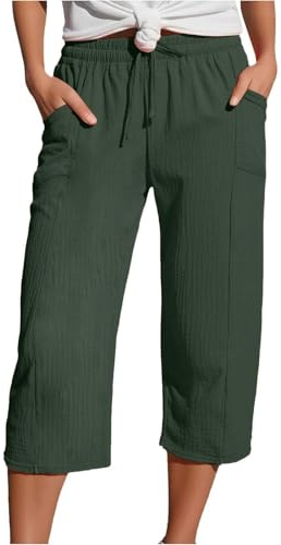 Yolimok Womens Cropped Trousers Elasticated High Waist Relax Fit Cotton Linen Ladies 3/4 Length Straight Wide Leg Trousers Casual Everyday Soft Lightweight Plain Three Quarter Pants Army Green