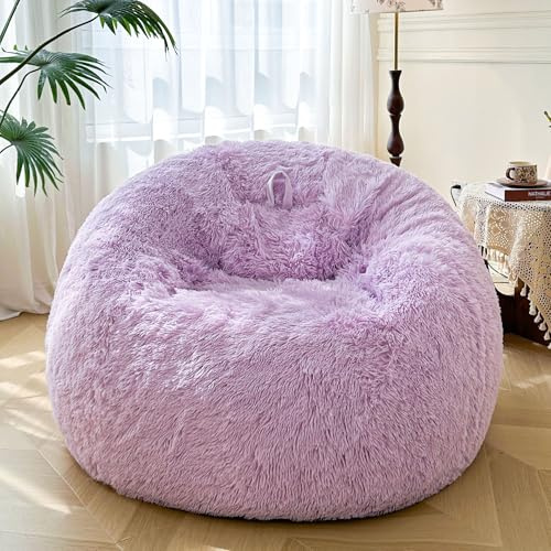 XeGe 5FT Giant Fluffy Bean Bag Chair Cover(No Filler), Ultra Soft Faux Fur Stuffed Animal Storage Bean Bag Light Purple, Plush Shaggy XL Large Beanbag for Living Room Bedroom Home Decor, Lavender